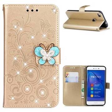 Embossing Butterfly Circle Rhinestone Leather Wallet Case for Huawei P8 Lite 2017 / P9 Honor 8 Nova Lite - Champagne