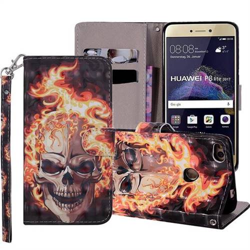 Flame Skull 3D Painted Leather Phone Wallet Case Cover for Huawei P8 Lite 2017 / P9 Honor 8 Nova Lite