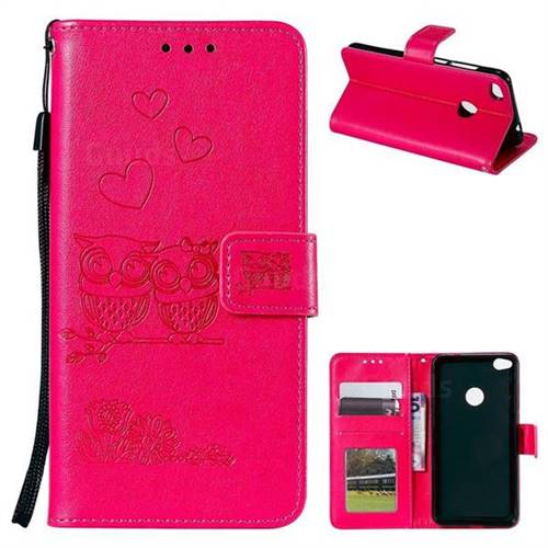 Embossing Owl Couple Flower Leather Wallet Case for Huawei P8 Lite 2017 / P9 Honor 8 Nova Lite - Red