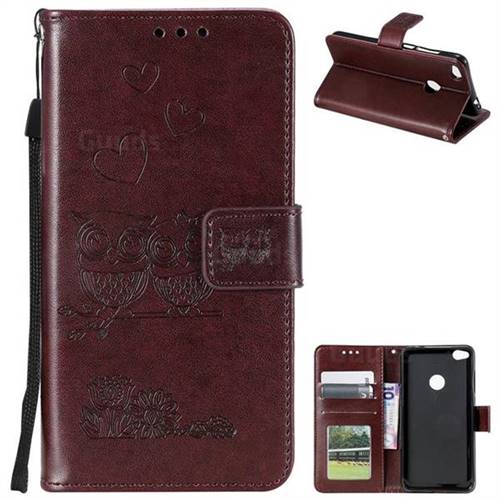 Embossing Owl Couple Flower Leather Wallet Case for Huawei P8 Lite 2017 / P9 Honor 8 Nova Lite - Brown