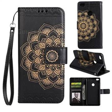 Embossing Half Mandala Flower Leather Wallet Case for Huawei P8 Lite 2017 / P9 Honor 8 Nova Lite - Black