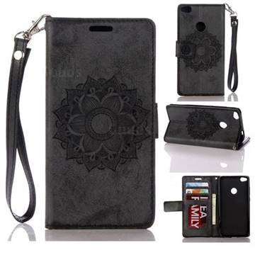 Embossing Retro Matte Mandala Flower Leather Wallet Case for Huawei P8 Lite 2017 / P9 Honor 8 Nova Lite - Black