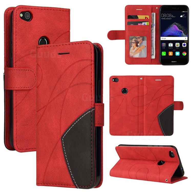 Luxury Two-color Stitching Leather Wallet Case Cover for Huawei P8 Lite 2017 / P9 Honor 8 Nova Lite - Red