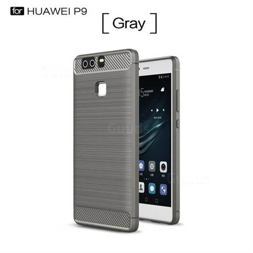 Luxury Carbon Fiber Brushed Wire Drawing Silicone TPU Back Cover for Huawei P9 (Gray)