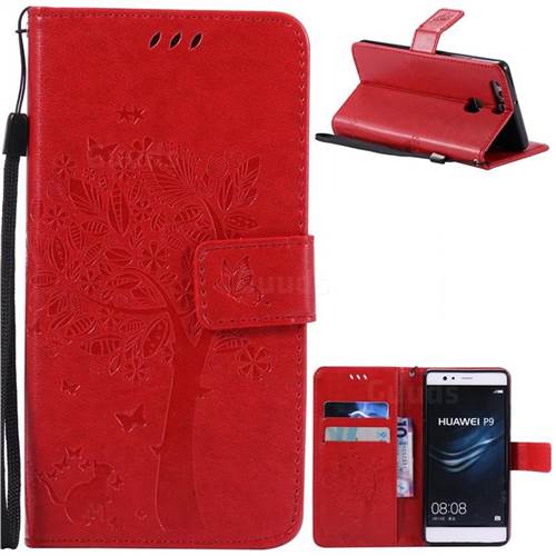 Embossing Butterfly Tree Leather Wallet Case for Huawei P9 - Red