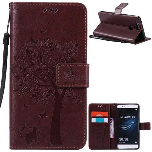 Embossing Butterfly Tree Leather Wallet Case for Huawei P9 - Coffee
