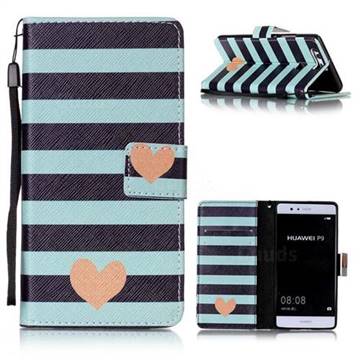 Blue Stripe Heart Leather Wallet Phone Case for Huawei P9