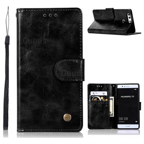 Luxury Retro Leather Wallet Case for Huawei P9 - Black