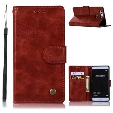 Luxury Retro Leather Wallet Case for Huawei P9 - Wine Red
