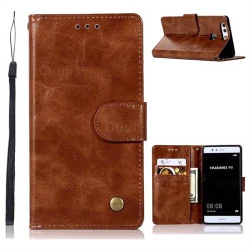 Luxury Retro Leather Wallet Case for Huawei P9 - Brown