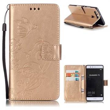 Embossing Butterfly Flower Leather Wallet Case for Huawei P9 - Champagne