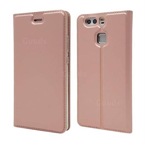 Ultra Slim Card Magnetic Automatic Suction Leather Wallet Case for Huawei P9 - Rose Gold
