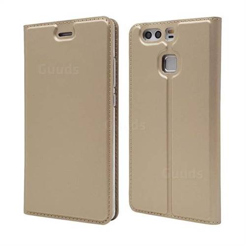 Ultra Slim Card Magnetic Automatic Suction Leather Wallet Case for Huawei P9 - Champagne