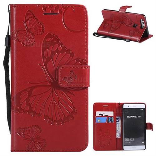 Embossing 3D Butterfly Leather Wallet Case for Huawei P9 - Red