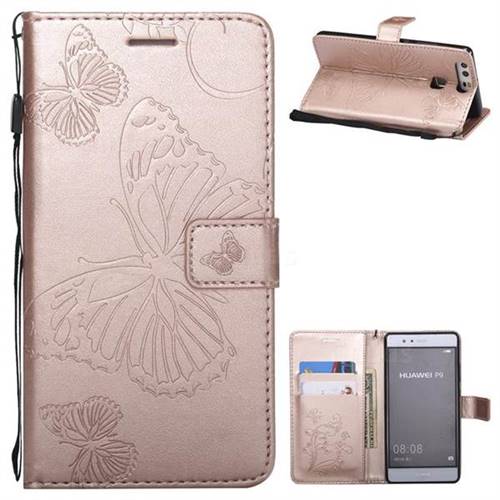 Embossing 3D Butterfly Leather Wallet Case for Huawei P9 - Rose Gold