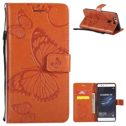 Embossing 3D Butterfly Leather Wallet Case for Huawei P9 - Orange