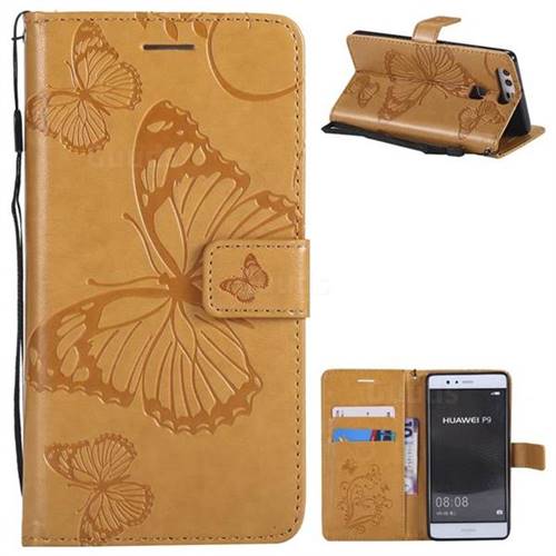 Embossing 3D Butterfly Leather Wallet Case for Huawei P9 - Yellow
