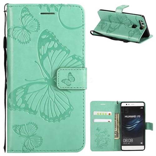 Embossing 3D Butterfly Leather Wallet Case for Huawei P9 - Green