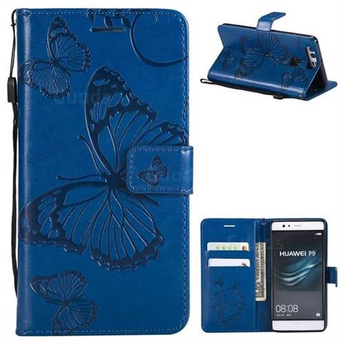 Embossing 3D Butterfly Leather Wallet Case for Huawei P9 - Blue