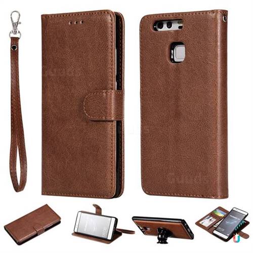 Retro Greek Detachable Magnetic PU Leather Wallet Phone Case for Huawei P9 - Brown