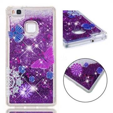 Purple Flower Butterfly Dynamic Liquid Glitter Quicksand Soft TPU Case for Huawei P9 Lite G9 Lite