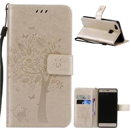 Embossing Butterfly Tree Leather Wallet Case for Huawei P9 Lite P9lite - Champagne