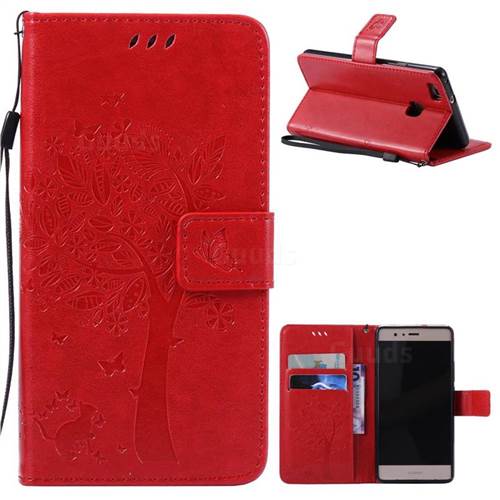 Embossing Butterfly Tree Leather Wallet Case for Huawei P9 Lite P9lite - Red