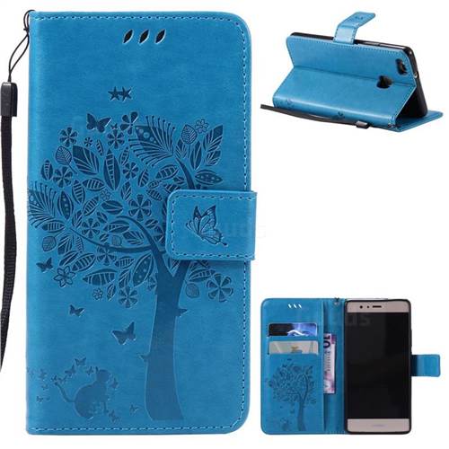 Embossing Butterfly Tree Leather Wallet Case for Huawei P9 Lite P9lite - Blue