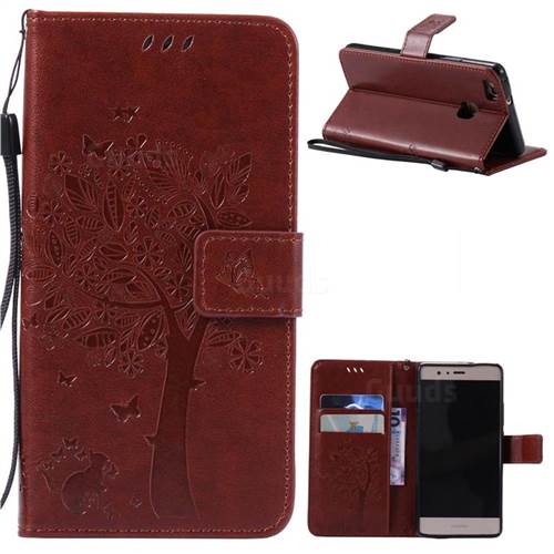 Embossing Butterfly Tree Leather Wallet Case for Huawei P9 Lite P9lite - Brown
