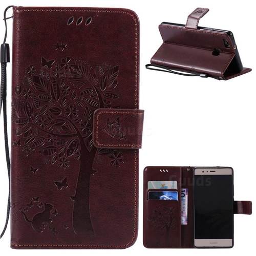 Embossing Butterfly Tree Leather Wallet Case for Huawei P9 Lite P9lite - Coffee