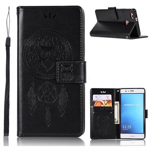 Intricate Embossing Owl Campanula Leather Wallet Case for Huawei P9 Lite G9 Lite - Black