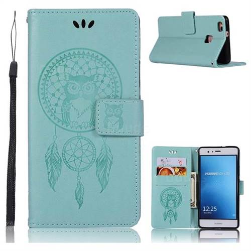 Intricate Embossing Owl Campanula Leather Wallet Case for Huawei P9 Lite G9 Lite - Green