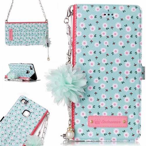 Daisy Endeavour Florid Pearl Flower Pendant Metal Strap PU Leather Wallet Case for Huawei P9 Lite G9 Lite