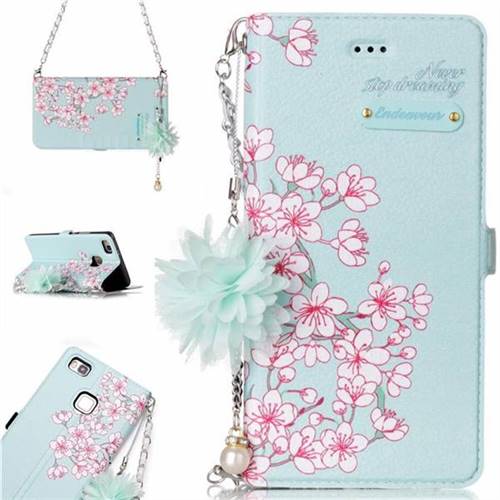 Cherry Blossoms Endeavour Florid Pearl Flower Pendant Metal Strap PU Leather Wallet Case for Huawei P9 Lite G9 Lite