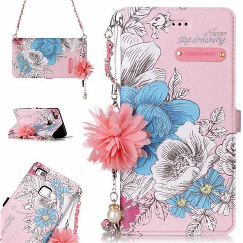 Pink Blue Rose Endeavour Florid Pearl Flower Pendant Metal Strap PU Leather Wallet Case for Huawei P9 Lite G9 Lite