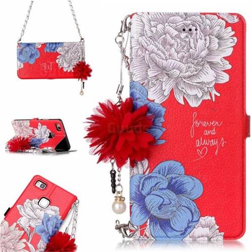 Red Chrysanthemum Endeavour Florid Pearl Flower Pendant Metal Strap PU Leather Wallet Case for Huawei P9 Lite G9 Lite