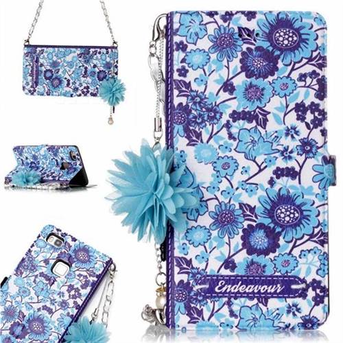 Blue-and-White Endeavour Florid Pearl Flower Pendant Metal Strap PU Leather Wallet Case for Huawei P9 Lite G9 Lite