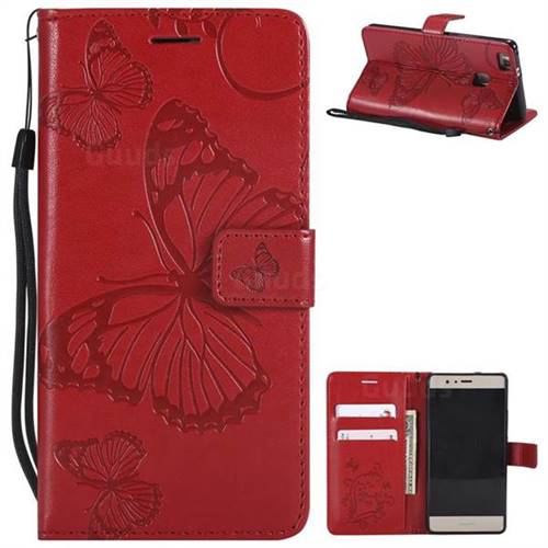 Embossing 3D Butterfly Leather Wallet Case for Huawei P9 Lite G9 Lite - Red