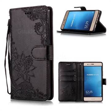 Intricate Embossing Lotus Mandala Flower Leather Wallet Case for Huawei P9 Lite G9 Lite - Black