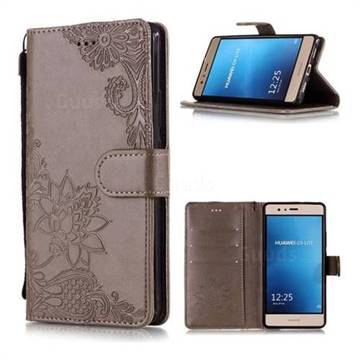 Intricate Embossing Lotus Mandala Flower Leather Wallet Case for Huawei P9 Lite G9 Lite - Gray