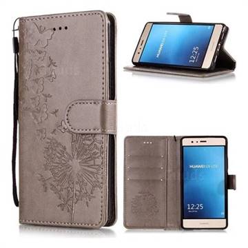 Intricate Embossing Dandelion Butterfly Leather Wallet Case for Huawei P9 Lite G9 Lite - Gray