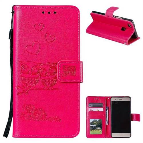 Embossing Owl Couple Flower Leather Wallet Case for Huawei P9 Lite G9 Lite - Red