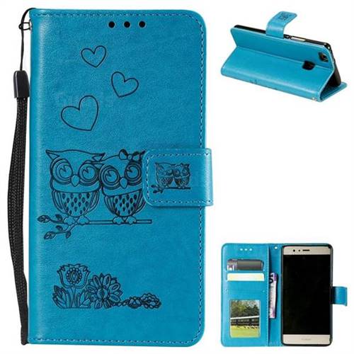 Embossing Owl Couple Flower Leather Wallet Case for Huawei P9 Lite G9 Lite - Blue