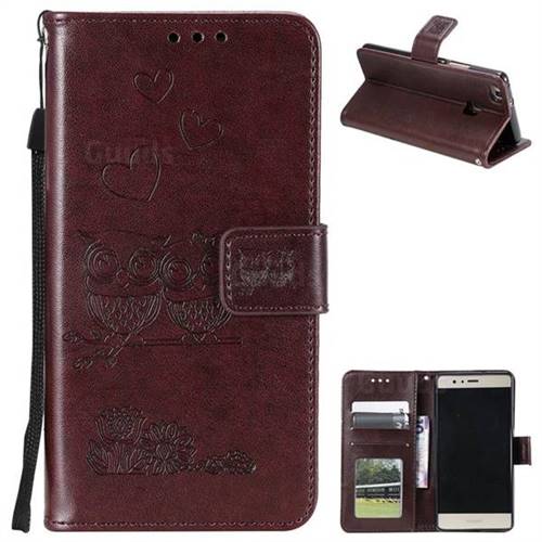 Embossing Owl Couple Flower Leather Wallet Case for Huawei P9 Lite G9 Lite - Brown