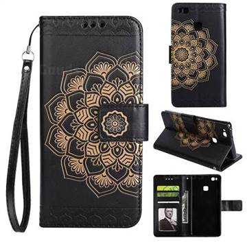 Embossing Half Mandala Flower Leather Wallet Case for Huawei P9 Lite G9 Lite - Black