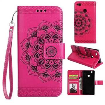 Embossing Half Mandala Flower Leather Wallet Case for Huawei P9 Lite G9 Lite - Rose Red