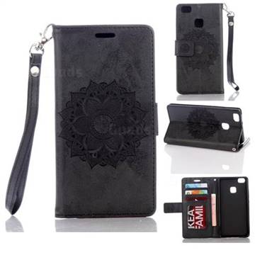 Embossing Retro Matte Mandala Flower Leather Wallet Case for Huawei P9 Lite G9 Lite - Black