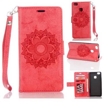 Embossing Retro Matte Mandala Flower Leather Wallet Case for Huawei P9 Lite G9 Lite - Red