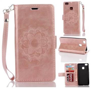 Embossing Retro Matte Mandala Flower Leather Wallet Case for Huawei P9 Lite G9 Lite - Rose Gold