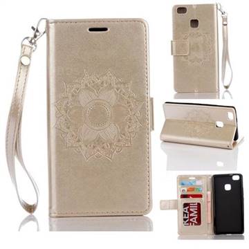 Embossing Retro Matte Mandala Flower Leather Wallet Case for Huawei P9 Lite G9 Lite - Golden